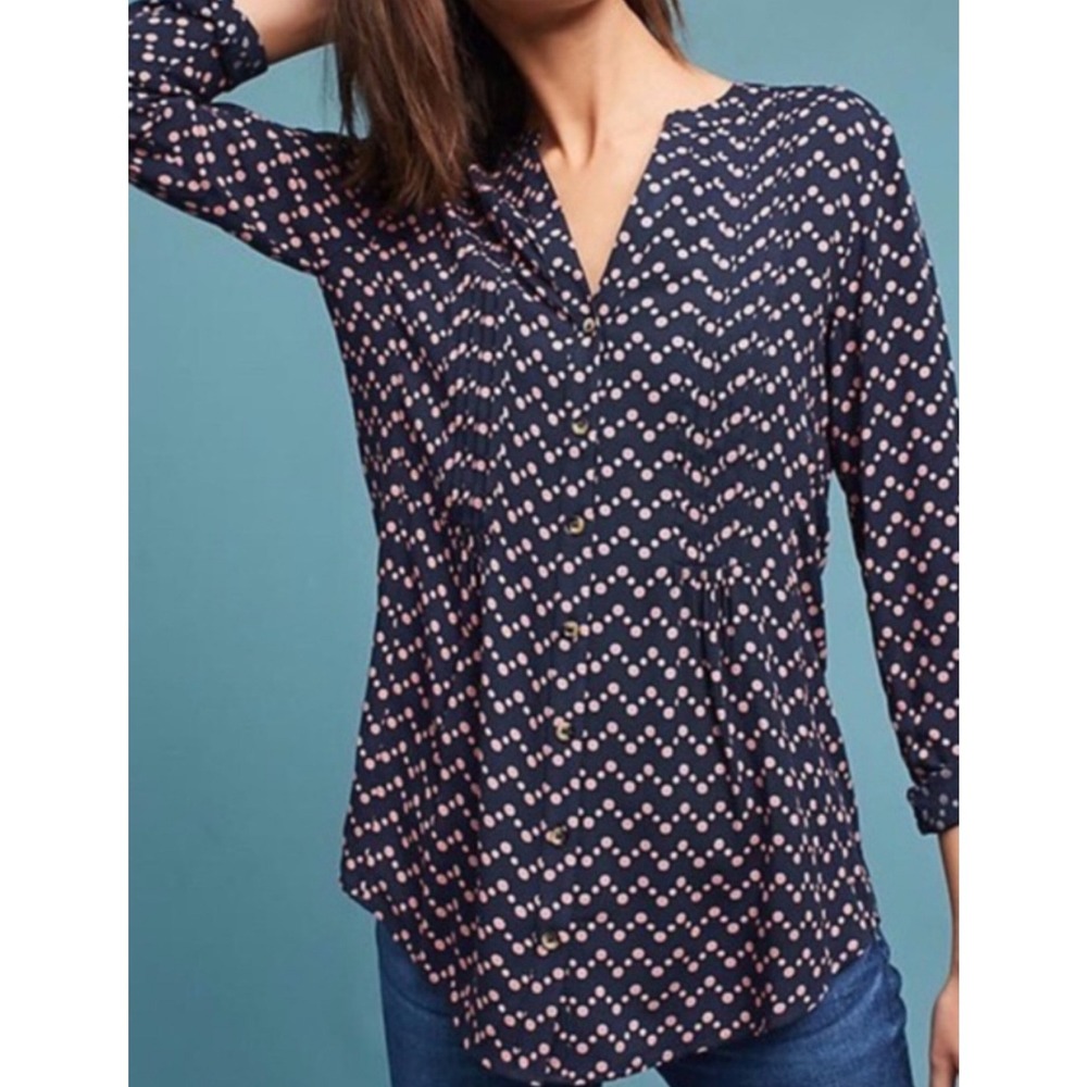 Maeve Anthropologie Polka Dot Button Down Blouse S Navy Pink Pintuck Roll Tab
